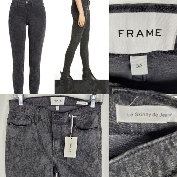 NEW 32 FRAME Python Le Skinny MID RISE FITTED STRETCH black gray ANKLE JEANS NWT - Picture 1 of 16